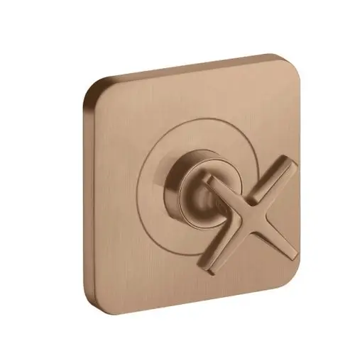 Unterputz-Absperrventil in brushed red gold von AXOR. Quadratförmige Platte mit einem kreisförmigen Drehknopf und Kreuzgriff. Einfaches Design für moderne Badezimmer.
